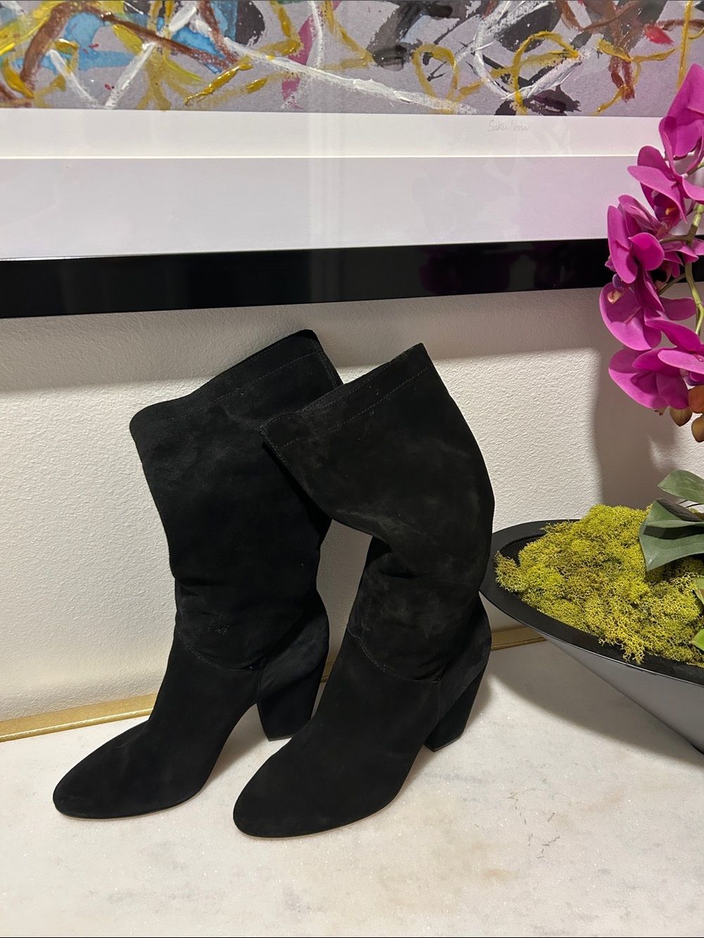 Women's Black Suede Mid-Calf Boots - Classic Elegant Style